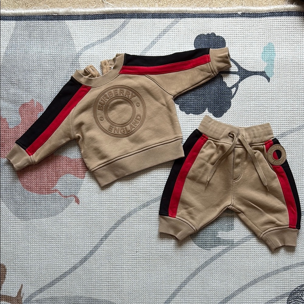 Burberry Kids Tan Shorts with Red and Black Stripes